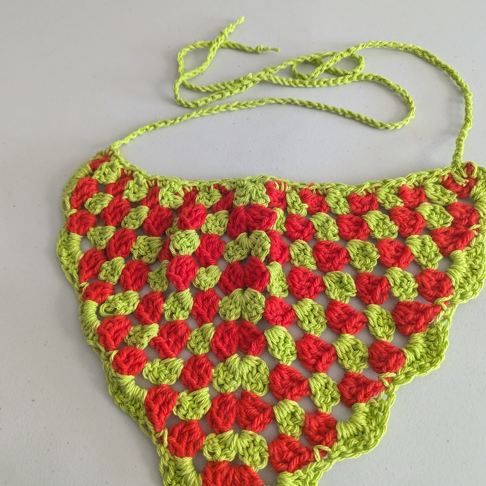 Handmade Crochet Hair Scarf Red Green Boho Head Wrap Tie Bandana